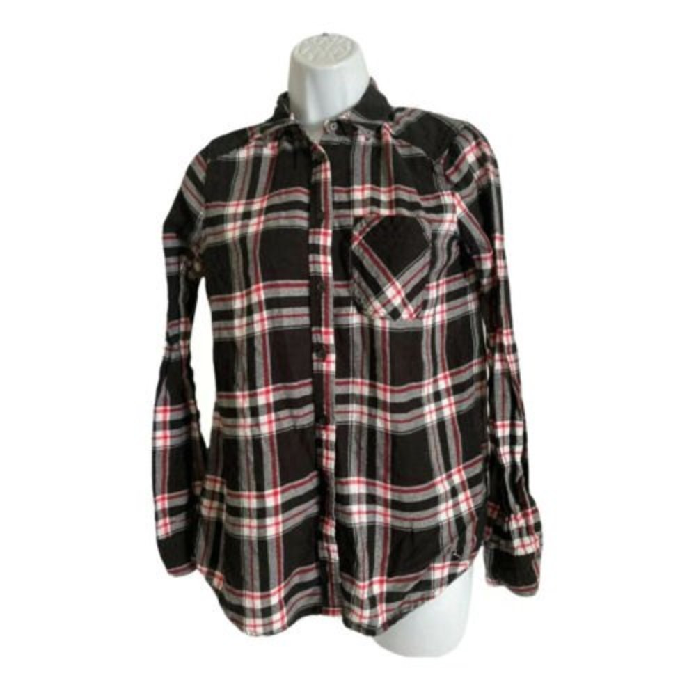 Express Boyfriend Flannel Button Down Shirt Size XS Black Multicolored Plaid